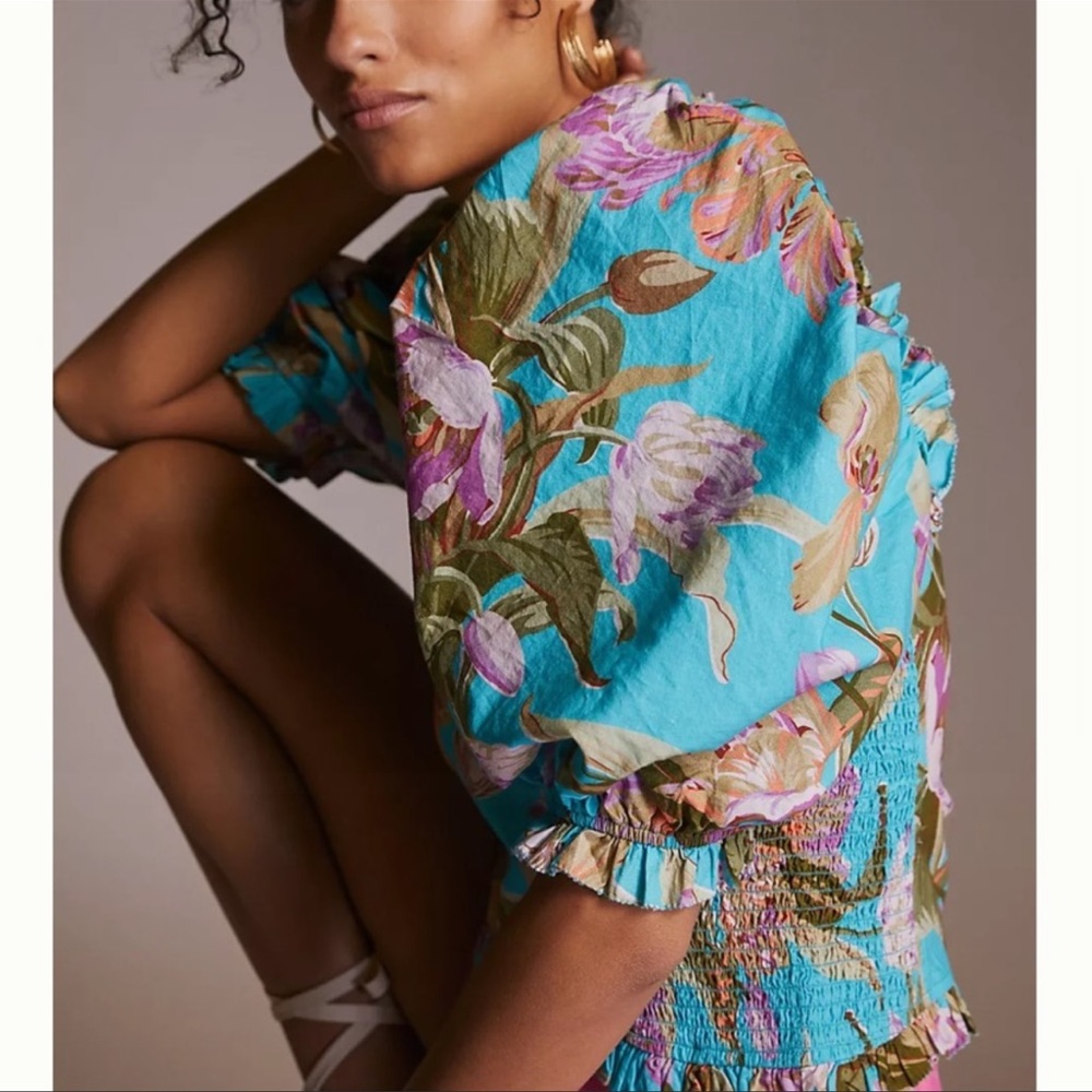 Anthropologie Floral Puff Sleeved Stylish Crop Top - Picture 3 of 5